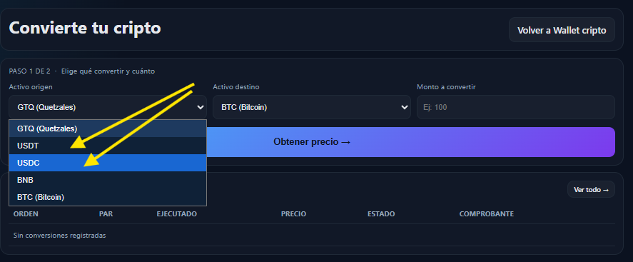 Selección del activo origen USDC o USDT
