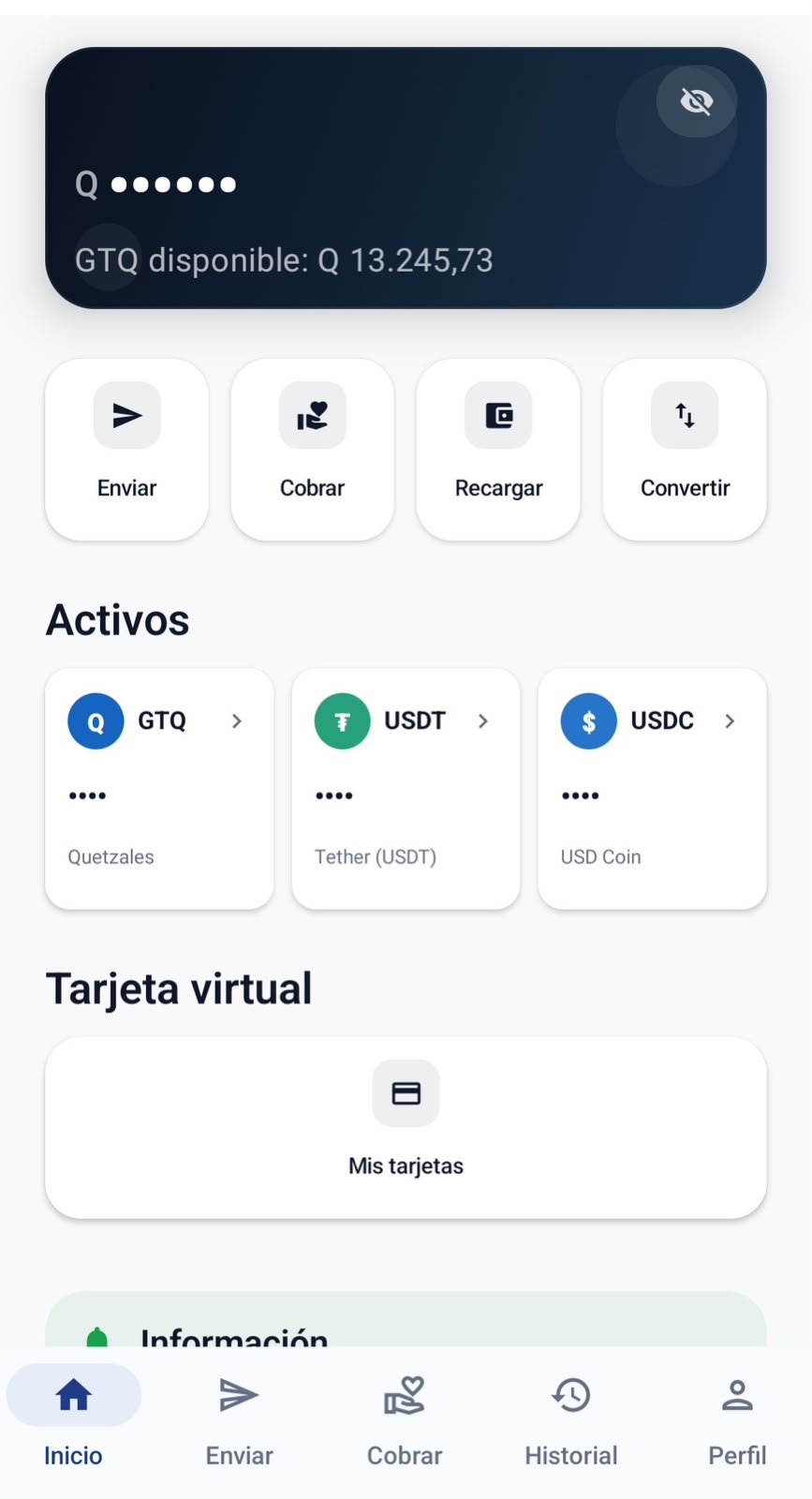 App BitALCER: saldo en quetzales, activos cripto (USDT, USDC) y tarjeta virtual