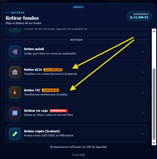 Pantalla con las opciones Retiro ACH y Retiro TIF