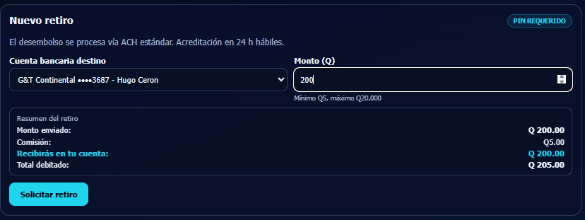 Detalle del retiro ACH con comisión de Q5